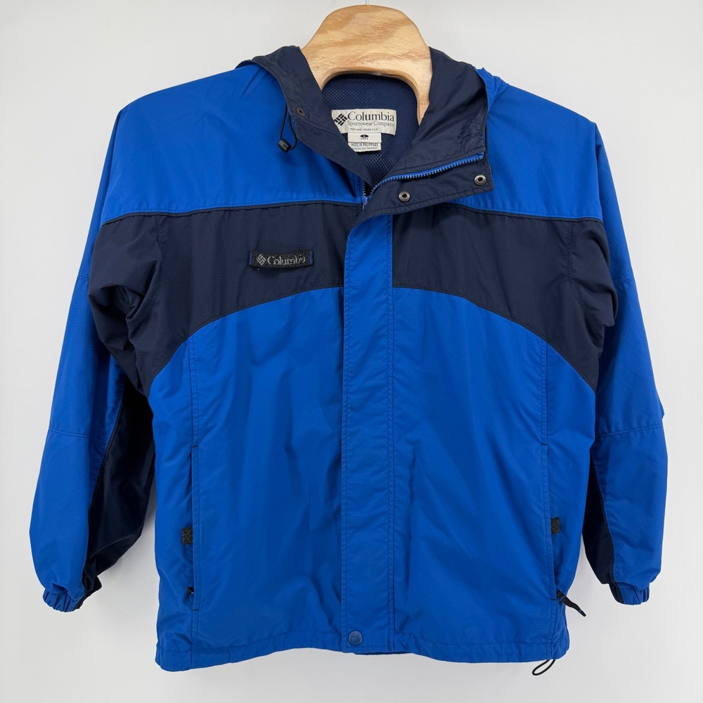 Columbia Windbreaker Mens Large Blue XM3007 Colorblock Packable Hooded Jacket
